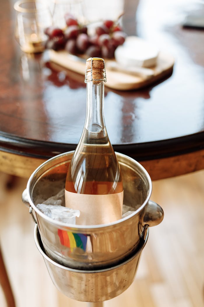 Chilled champagne bottle in an ice bucket with grapes and cheese on dining table.